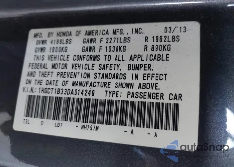 2013 Honda Accord Lx-S z USA, uszkodzony, nr VIN 1HGCT1B33DA014249